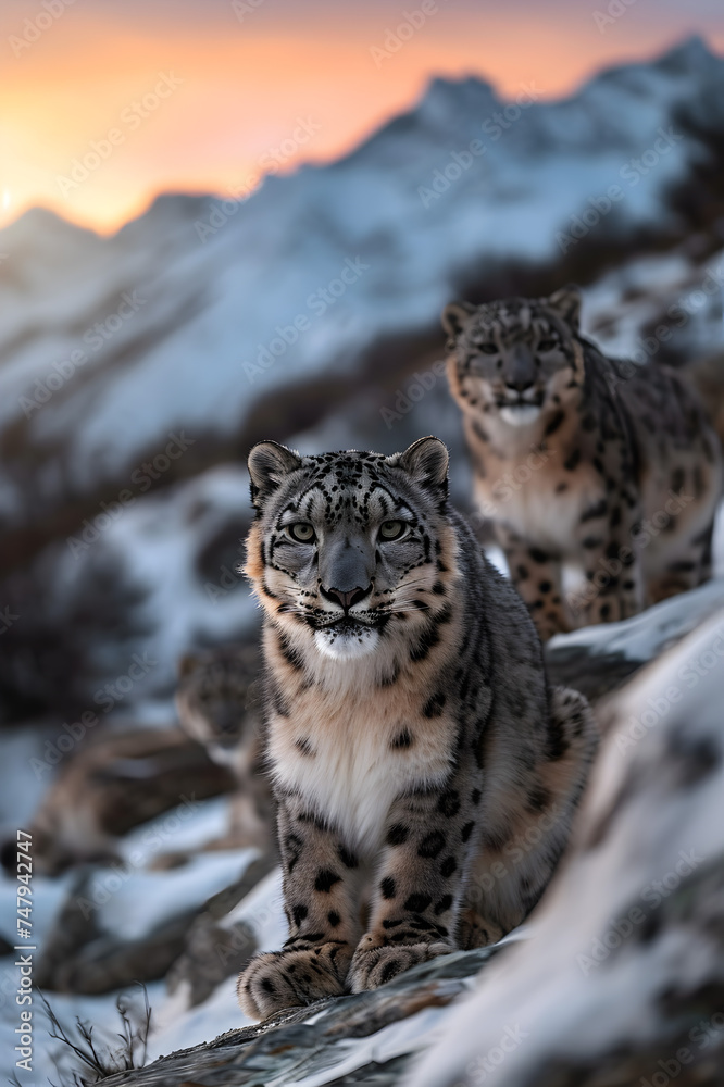 Snow leopard family in the mountain region with setting sun shining. Group of wild animals in nature.