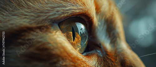 Intense close-up of a cats eye reflecting the urban skyline photo