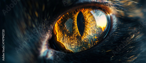 Intense close-up of a cats eye reflecting the urban skyline © HappyTime 17