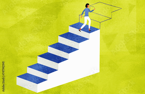 Woman climbing staircase and drawing more steps