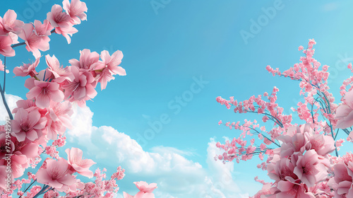 Pink cherry blossom flower blooming with blue sk