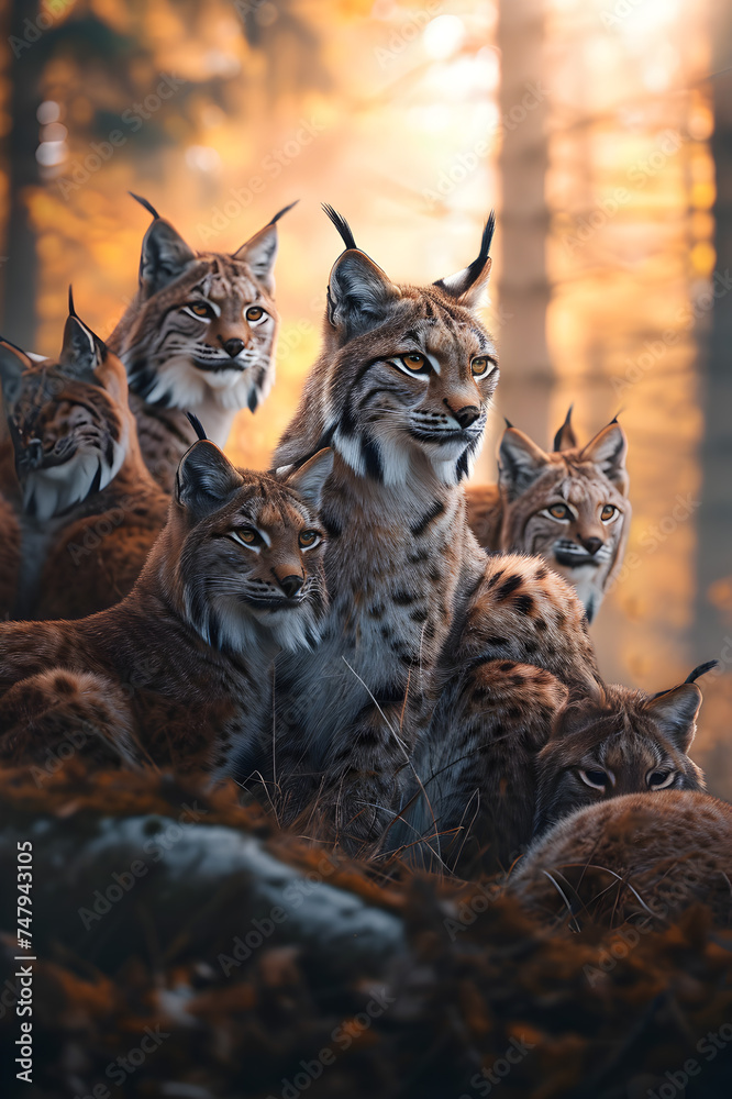 Naklejka premium Lynx family in the forest clearing in summer evening with setting sun. Group of wild animals in nature.