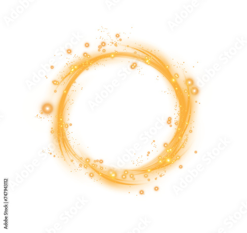 Yellow spark circle light effect with magic glow. Abstract round glitter sparkle yellow. Shiny luxury circular dust particle design set with starlight trail. PNG.