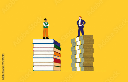 Woman on pile of books and man on pile of money