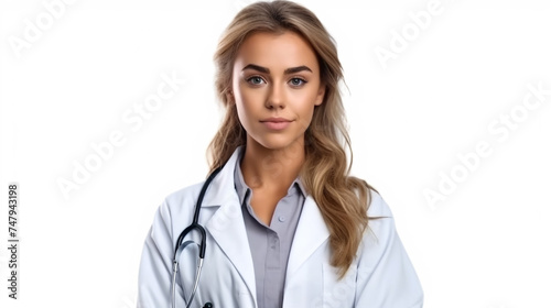 Female health care worker in a blue uniform smiling at camera isolated on white background