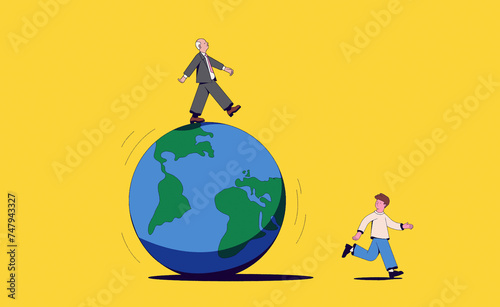 Businessman walking on top of rolling globe oblivious to man in danger  photo