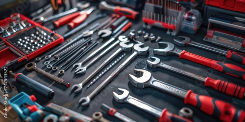 Various tools arranged on a table, suitable for industrial or DIY projects