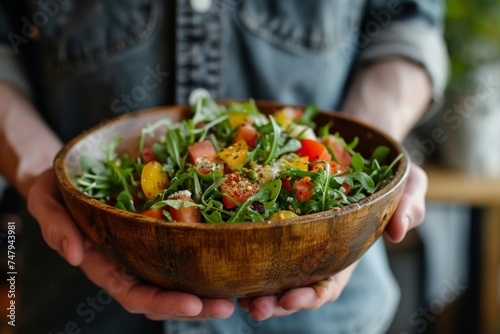 Fresh and healthy salad in a wooden bowl held by a person wearing a blue shirt