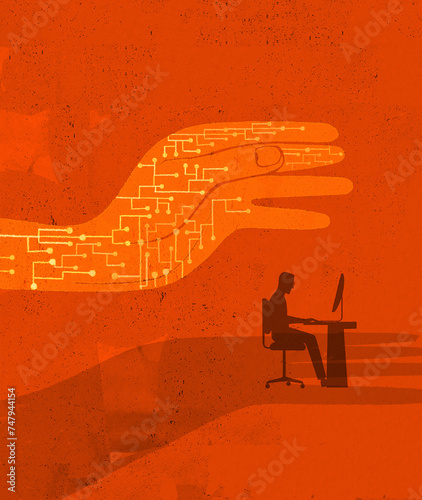 Circuit board hand reaching for man working at desk