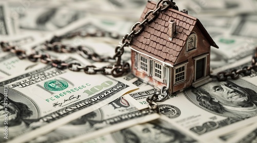 A conceptual image featuring a model house wrapped in chains over a bed of US dollar bills, symbolizing mortgage, debt, or financial security. 