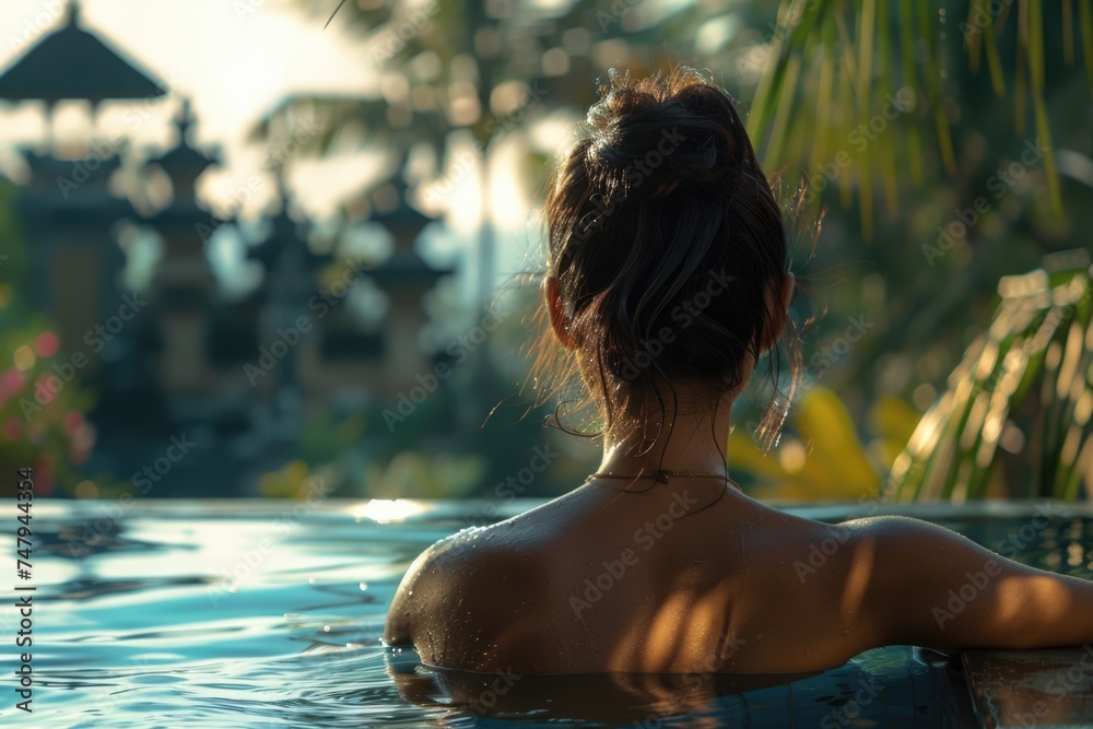 A woman sitting in a pool, back facing the camera. Suitable for lifestyle and relaxation concepts