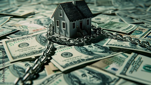 A conceptual image featuring a model house wrapped in chains over a bed of US dollar bills, symbolizing mortgage, debt, or financial security. 