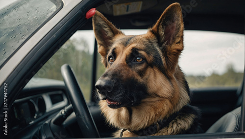 German shepherd dog in car generated by Ai