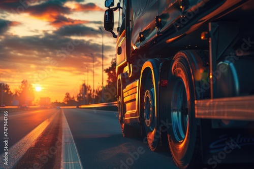 Semi truck driving down a highway at sunset. Suitable for transportation and travel concepts