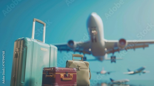 Suitcases and airplane flying high. Perfect for travel concepts