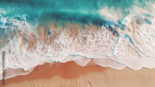 Aerial view of a beach with waves, perfect for travel websites