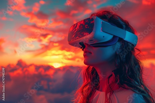 A woman wearing VR headset user, surreal world and virtual reality, colorful flowers fields. Generative AI © itchaznong