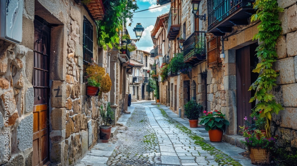Fototapeta premium A charming narrow street with plants in pots. Suitable for travel and architecture concepts