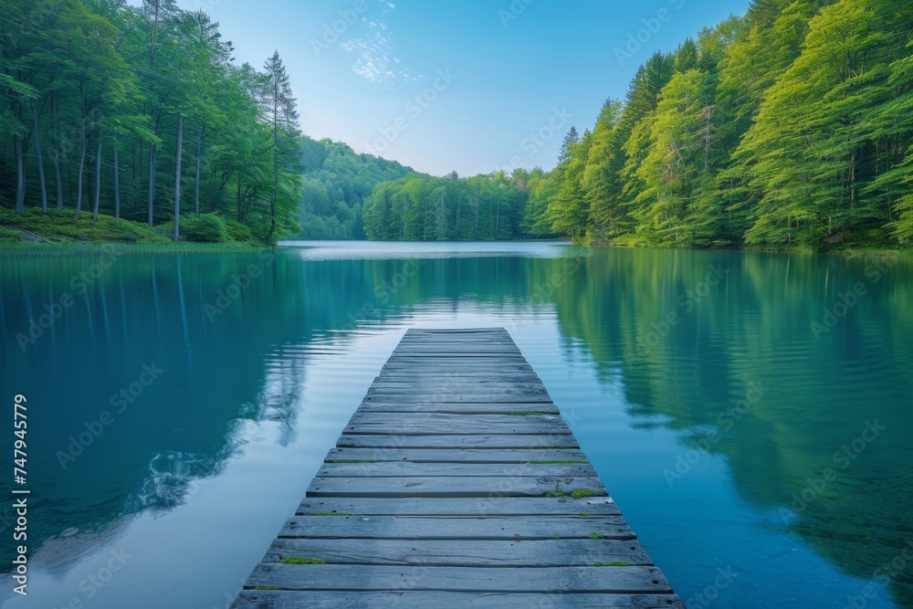 A wooden pier extends into a calm, reflective lake surrounded by lush green forests in a tranquil natural setting.
A wooden pier extends into a calm, reflective lake surrounded by lush green forests in a tranquil natural setting.