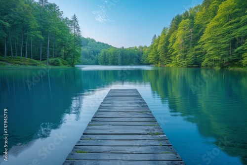 A wooden pier extends into a calm, reflective lake surrounded by lush green forests in a tranquil natural setting. 