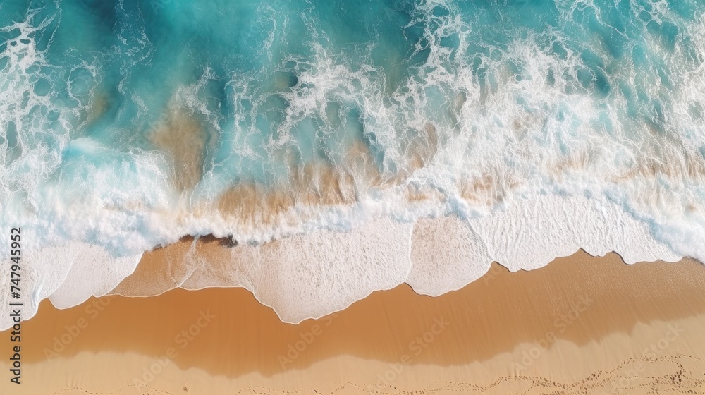 Aerial view of a beach with a surfboard, perfect for travel websites Aerial view of a beach with a surfboard, perfect for travel websites