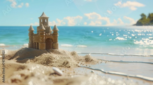 A sand castle on a sandy beach. Perfect for vacation concepts