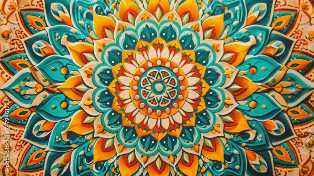A symmetrical arrangement of intricate mandala patterns, radiating outward in a kaleidoscope of flat colors, inviting meditation and introspection.