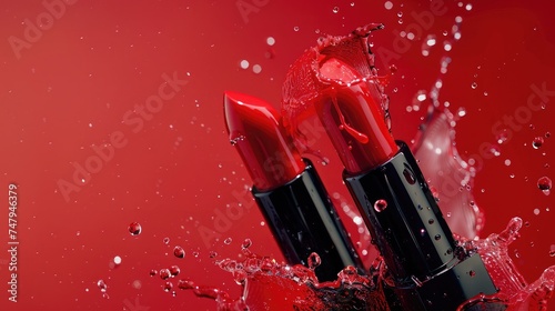 close-up on two red lipsticks in splashes of water on a red background photo