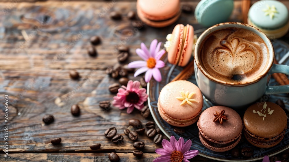 Cup of coffee cappuccino with flower shaped, macarons and coffee beans on old wooden background