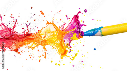 Colored paint splashes coming out of colored crayon on Transparent background