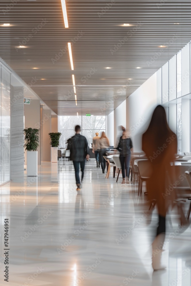 A group of people walking down a hallway. Suitable for office, school, or hospital themes