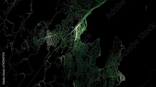 Zoom in road map of Wellington New Zealand with green glowing roads on a black background.