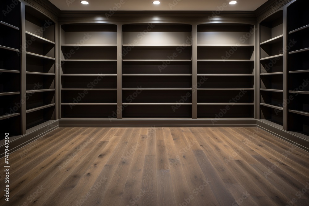 Bright modern dressing room interior with empty functional shelves for organization and storage Bright modern dressing room interior with empty functional shelves for organization and storage