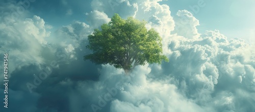 A tree protrudes through a sea of clouds in the sky, showcasing a striking contrast between natures elements. photo