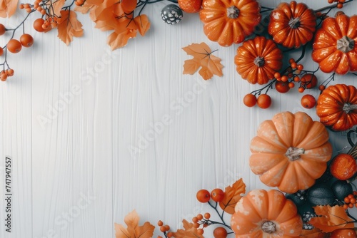 A festive display of pumpkins and berries on a white wooden table. Perfect for autumn-themed designs