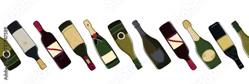 Various bottles of alcohol seamless border. Hand drawn alcohol bottles. Different shapes and colors of bottles in a row.