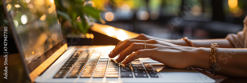 Wide closeup photo of a beautiful woman wearing white formal dress, sitting and working in a modern office table, typing in front of a laptop pc computer screen  