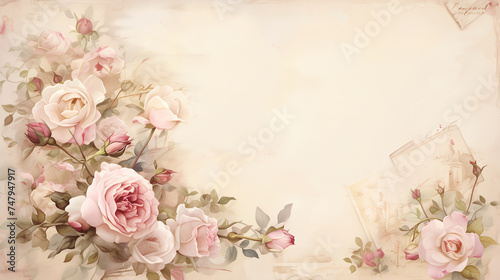 Muted light pink white vintage retro scrapbooking paper background with retro roses bouquets.