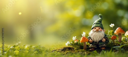 Enchanting garden gnome in vibrant spring forest with green backdrop, room for text placement