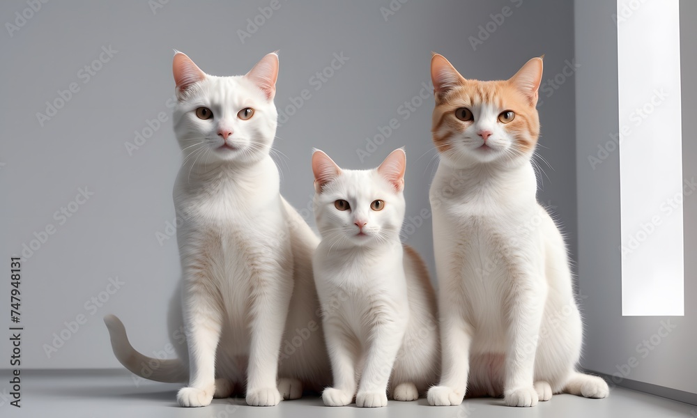 Three elegant cats, each with distinct markings, pose gracefully under the soft studio lighting. Their attentive eyes and sleek coats reflect the poise and calm of feline beauty.