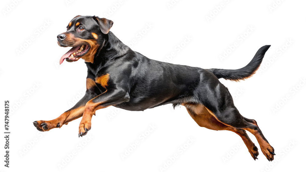 Happy Rottweiler dog jumping isolated with transparent background