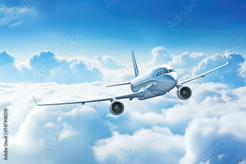 An airplane soaring above the clouds. Ideal for travel and aviation concepts