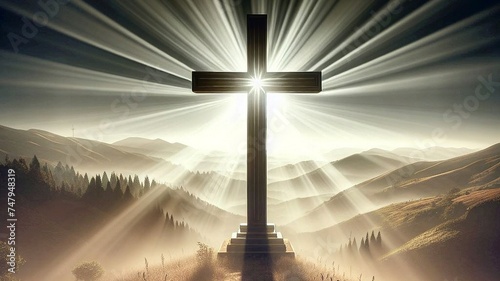 Web banner 16:9 ratio -Biblical crucifix atop a hill, emitting rays of light, overlooking a barren landscape photo