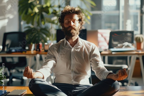 A man sitting in a lotus position in an office. Suitable for wellness and relaxation concepts