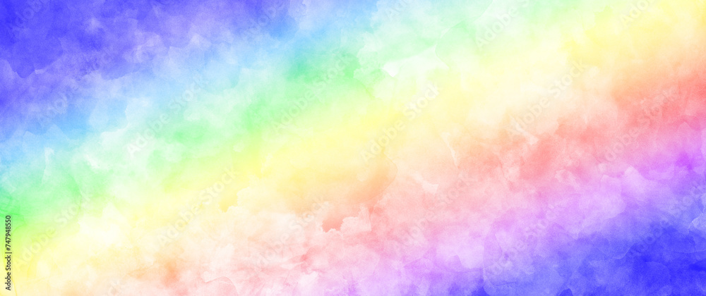 Watercolor rainbow multicolor abstract art background for cards, flyer, poster, banner and cover design. Colorful hand drawn illustration. Brush strokes watercolor texture. Bright wallpaper.
