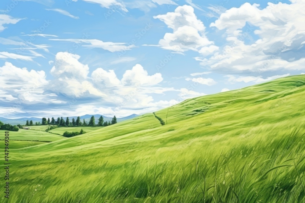 A realistic painting of a lush green grass field. Suitable for nature-themed designs