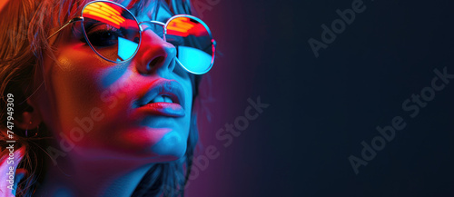 portrait of a young beautiful woman with fluorescent prints on her face. fluorescent prints that glow in ultraviolet rays.