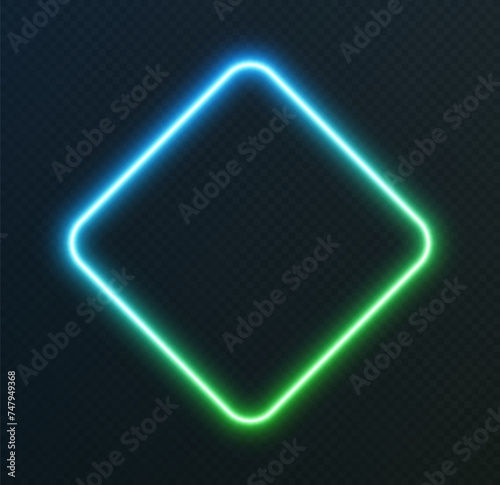Gradient neon rhombus, blue-green glowing border isolated on a dark background. Colorful night banner, vector light effect. Bright illuminated shape.