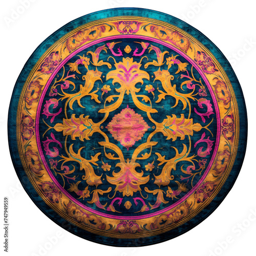 Round Circle Turkish Carpet Rug, Persian Rug, Isolated transparent on white background, PNG, Green, Pink, Gold colors