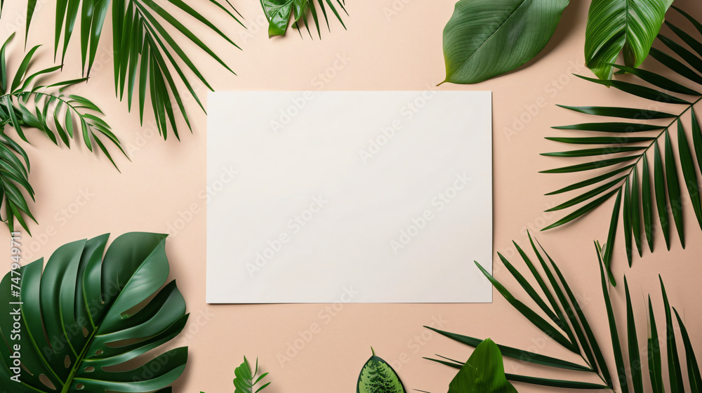 sheet of paper mock up with palm leaves isolated on light color background